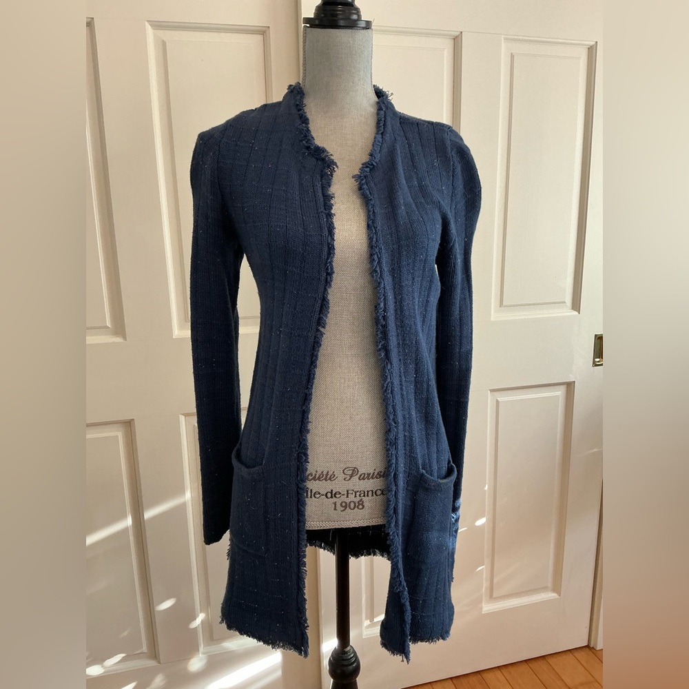 CAbi Navy Open-Front Fringed Long Cardigan